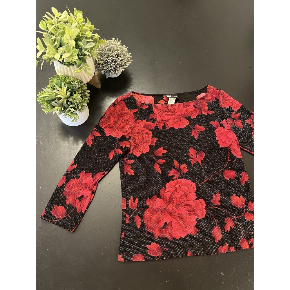 First Option Y2k Vintage Black Red Metallic Floral 3/4 Sleeve Stretch Blouse S